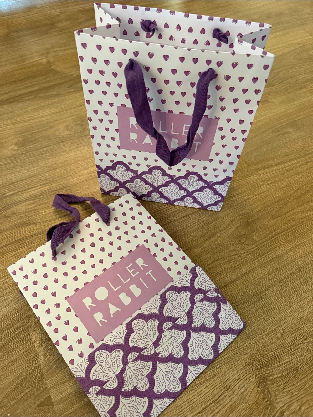 Roller Rabbit Purple Heart Pattern Gift Bags with Ribbon Handles - Picture 3 of 4
